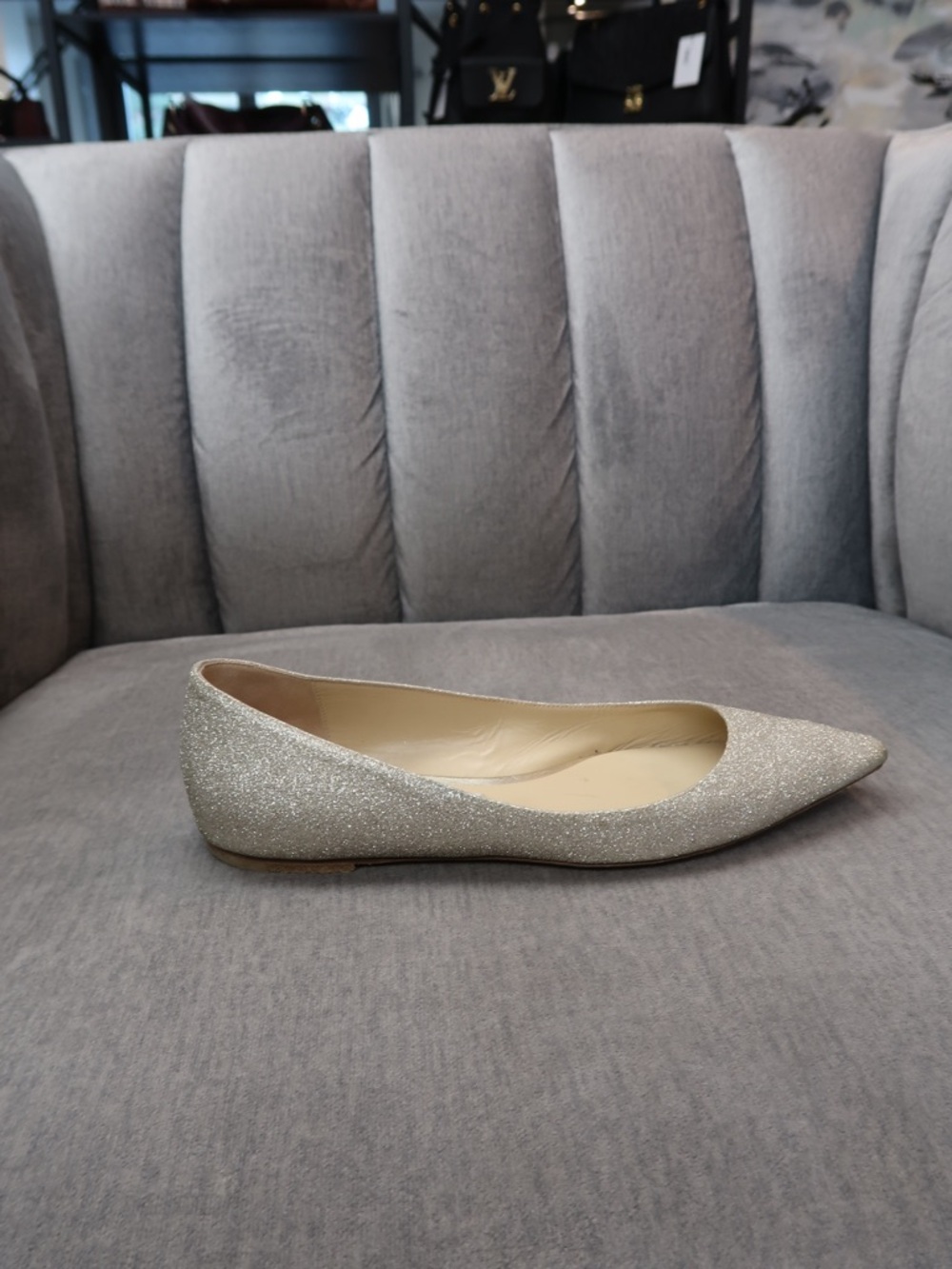 Jimmy Choo Silver Glitter Pointed-Toe Flat